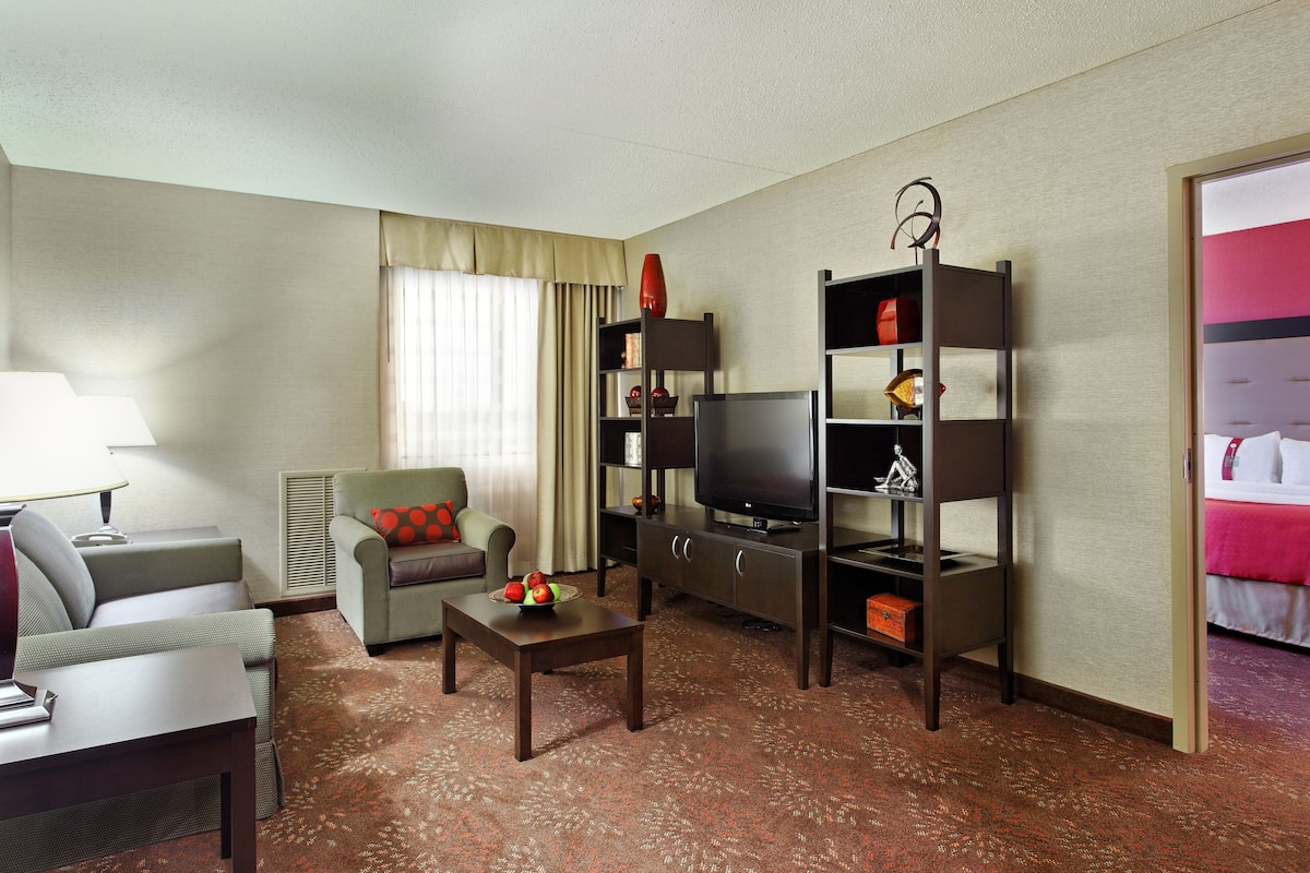 A hotel room with a sofa, armchair, TV, and a small table with fruit.