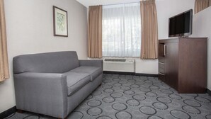 A hotel room with a grey sofa, a TV on a wooden cabinet, a window with curtains, and a patterned carpet.
