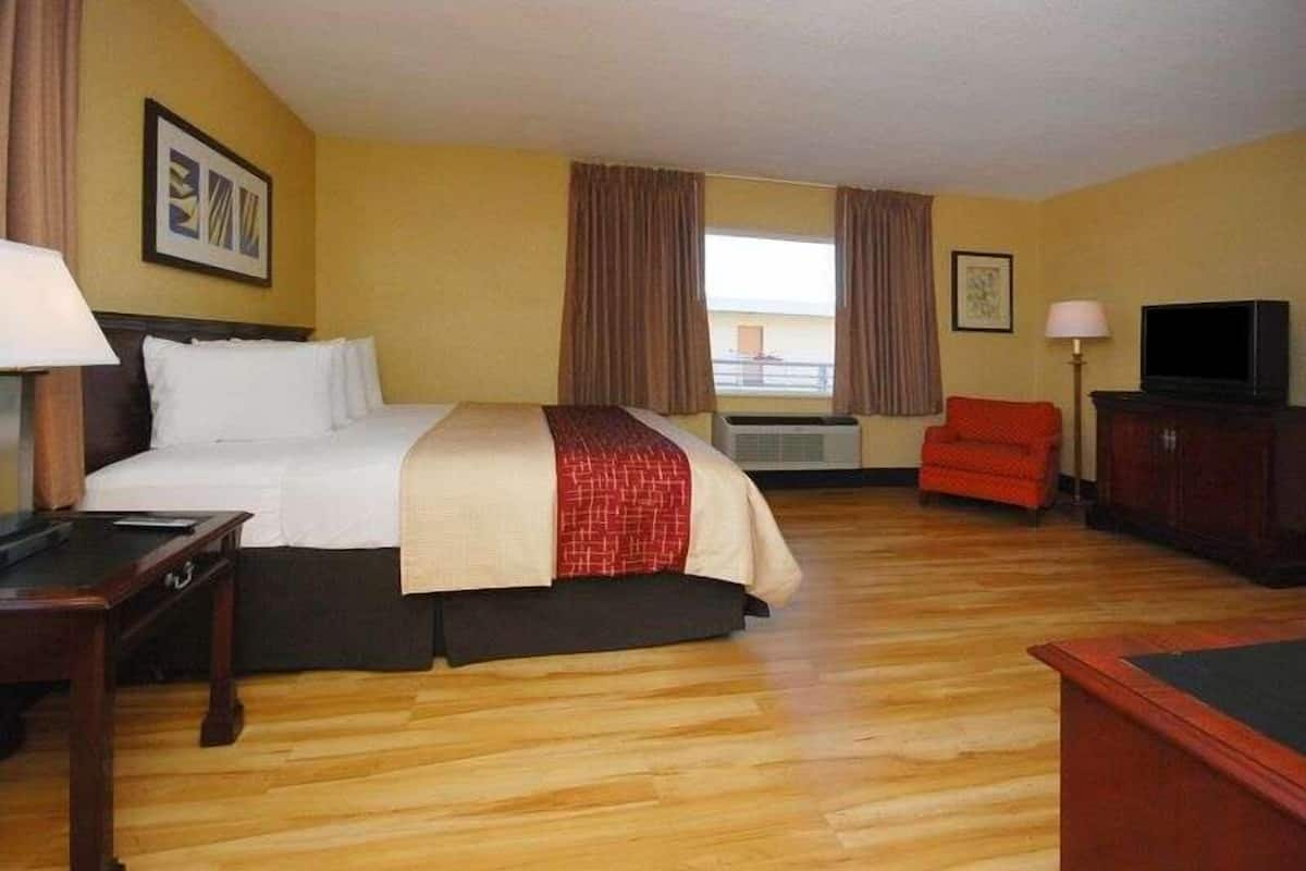 Una habitación de hotel con cama, televisión, escritorio y silla.