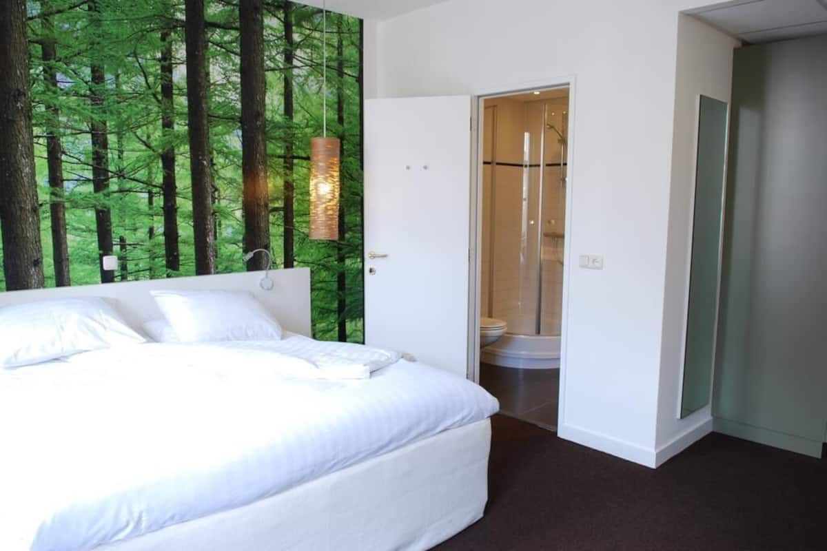 A bedroom with a large bed, a shower, and a door leading to a bathroom.