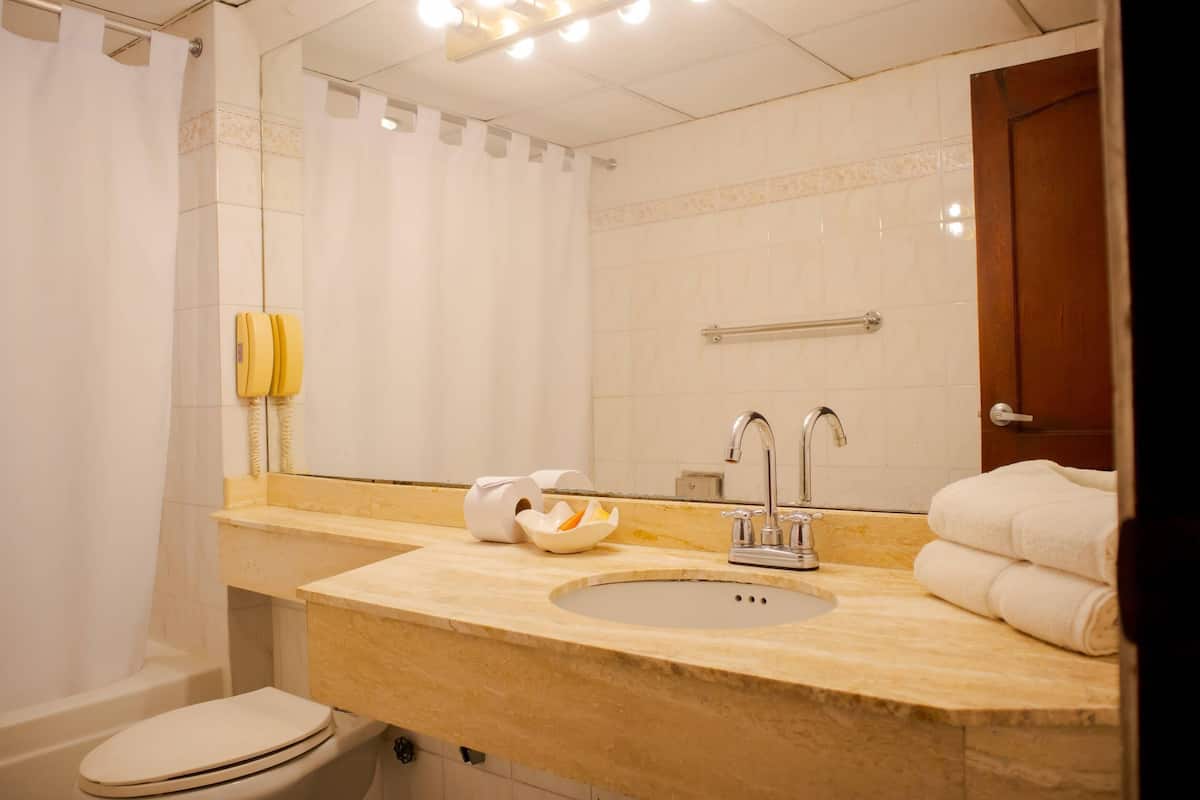 Une salle de bain équipée de toilettes, d’un lavabo, d’un miroir et d’un rideau de douche.