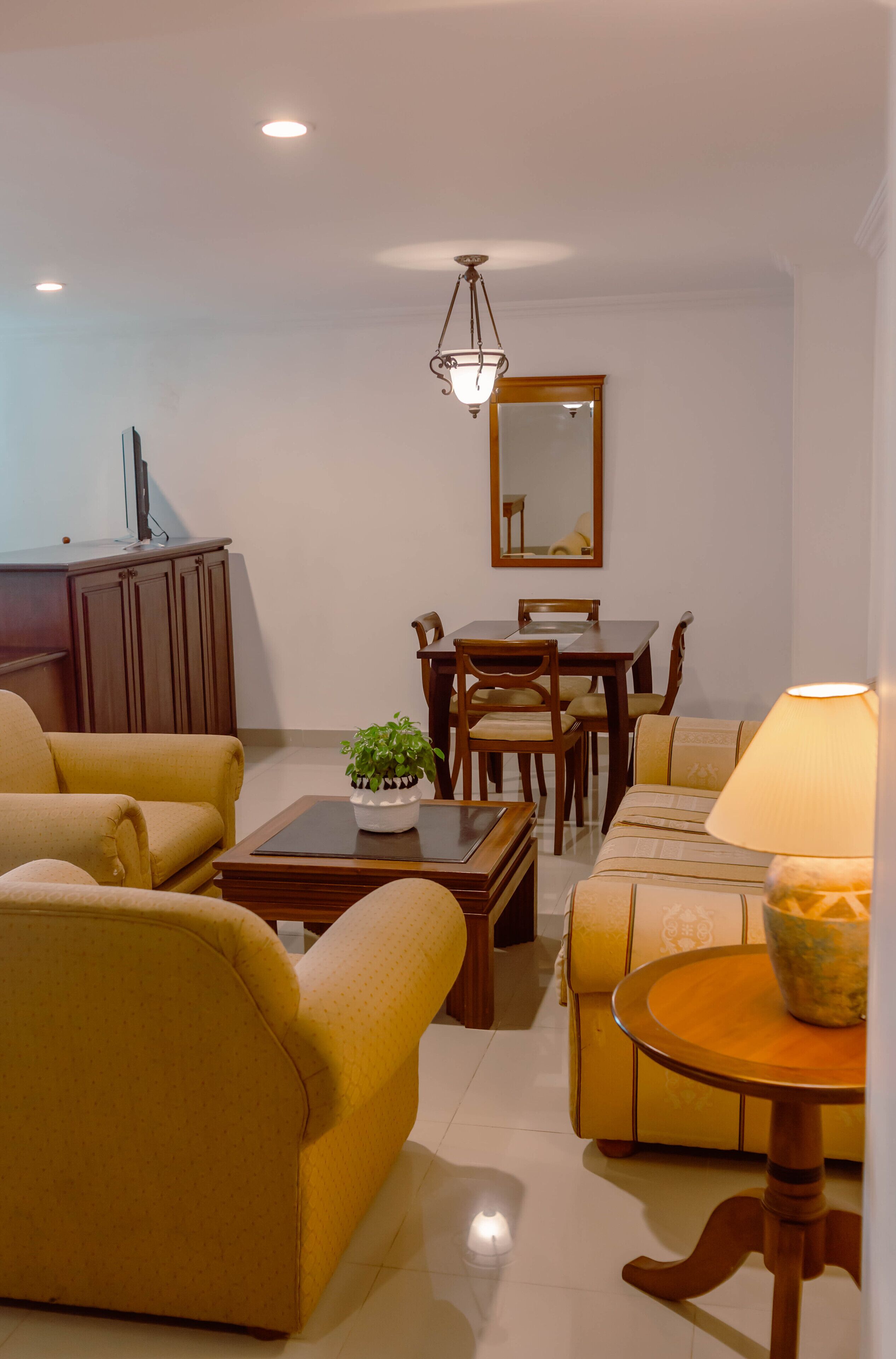 Una sala de estar con sofá, sillón, mesa de comedor y sillas. Hay una planta en maceta sobre la mesa y una lámpara en una mesita auxiliar.