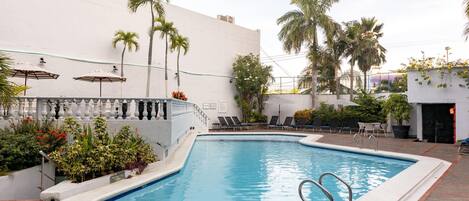 Una piscina con sillas de descanso y palmeras.