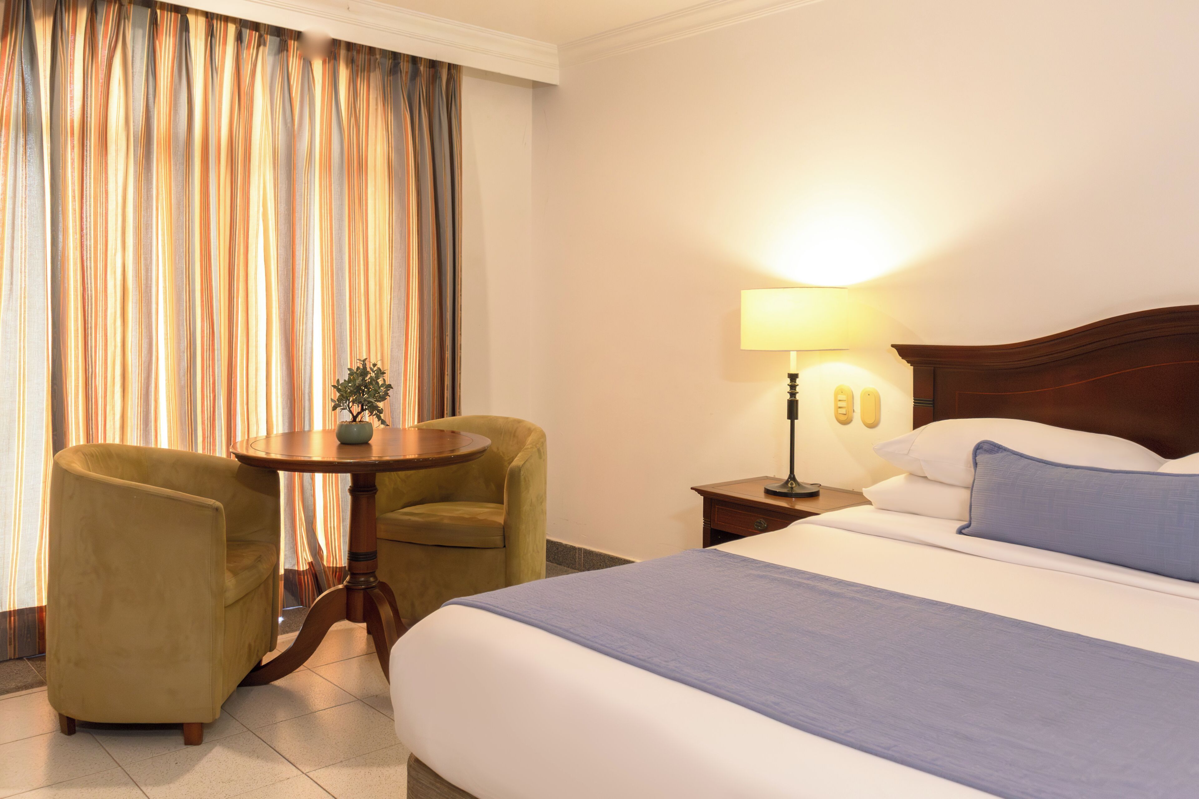 A hotel room with a bed, a round table with a plant, two armchairs, a nightstand with a lamp, and curtains.