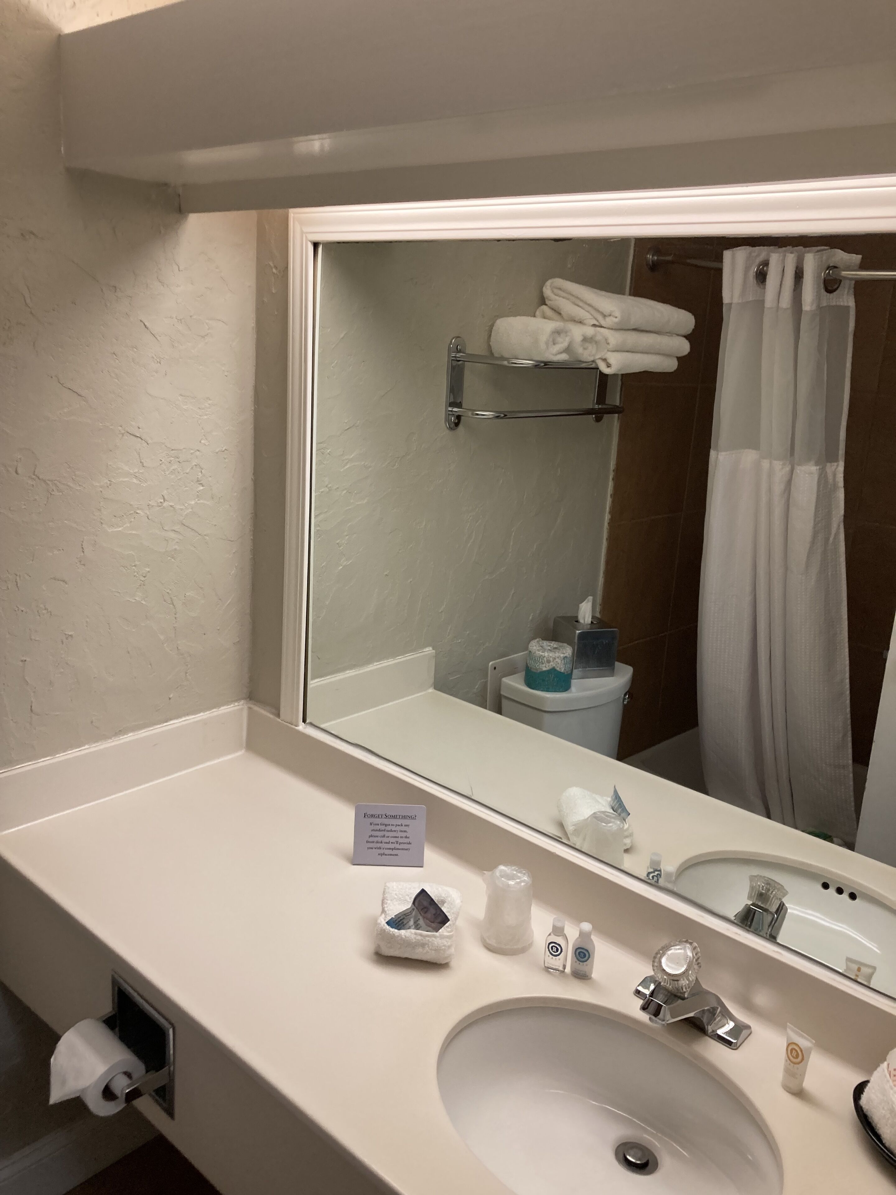 combined shower/bathtub, free toiletries, hair dryer, towels