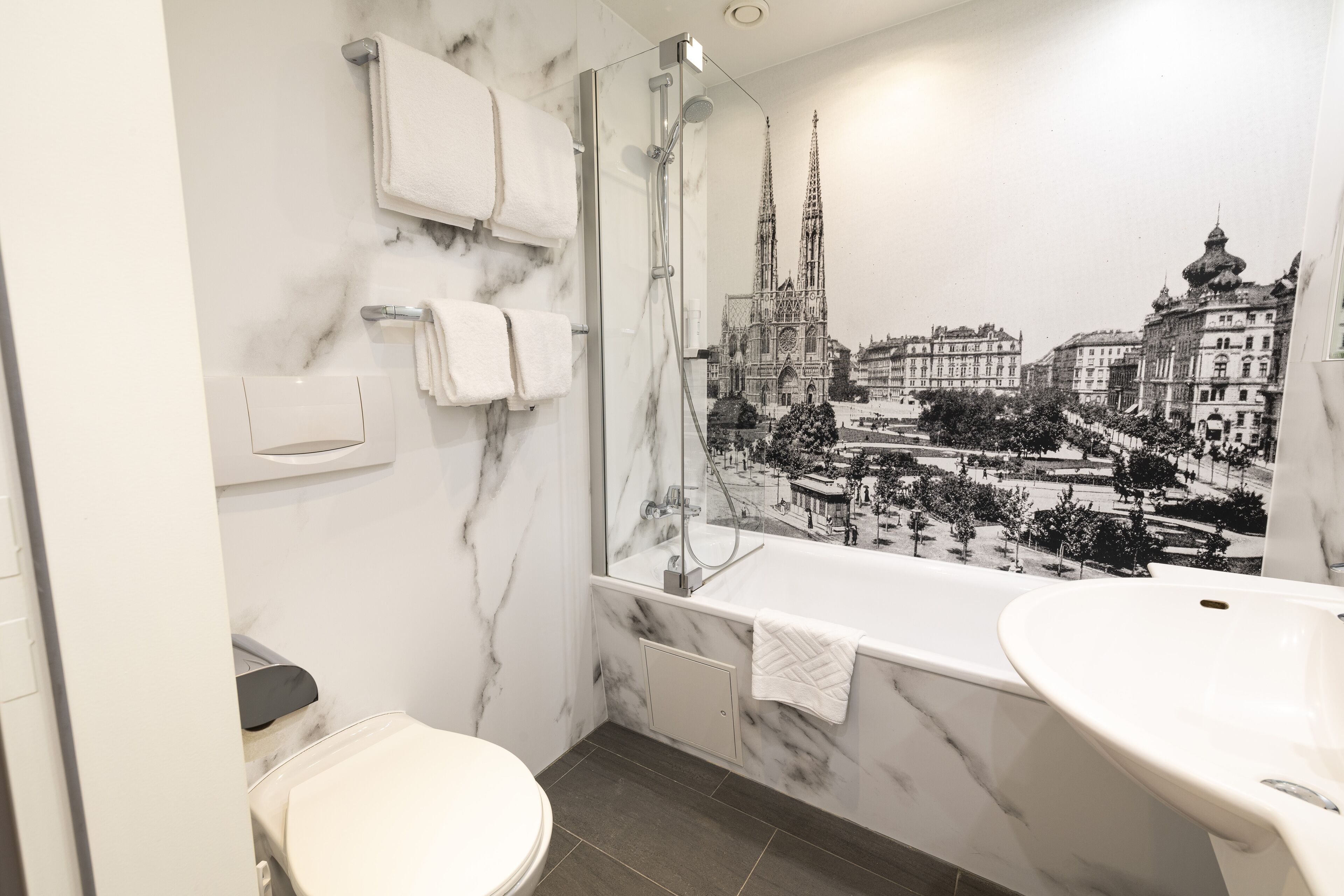 combined shower/bathtub, free toiletries, hair dryer, towels