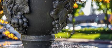 A stone fountain with a decorative design featuring grape clusters and leaves.
