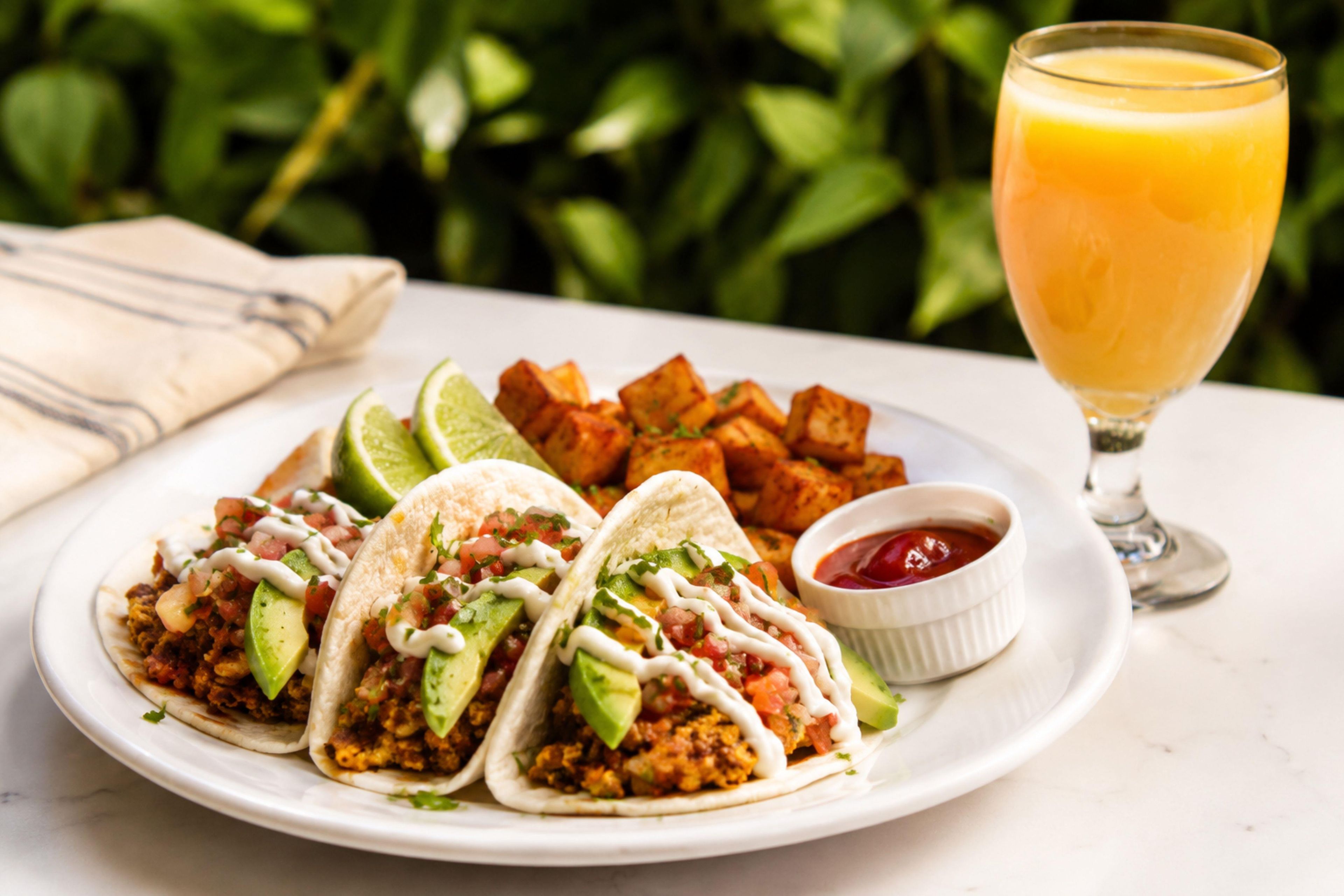 A plate of tacos with avocado, tomatoes, and a side of fries and a glass of orange juice.