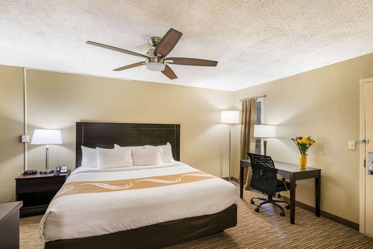 Una habitación de hotel con una cama grande, un escritorio, una silla, una lámpara de escritorio, un teléfono, un ventilador de techo y un jarrón con flores.