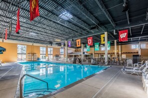 Indoor pool, open 9:00 AM to 10:00 PM, pool loungers