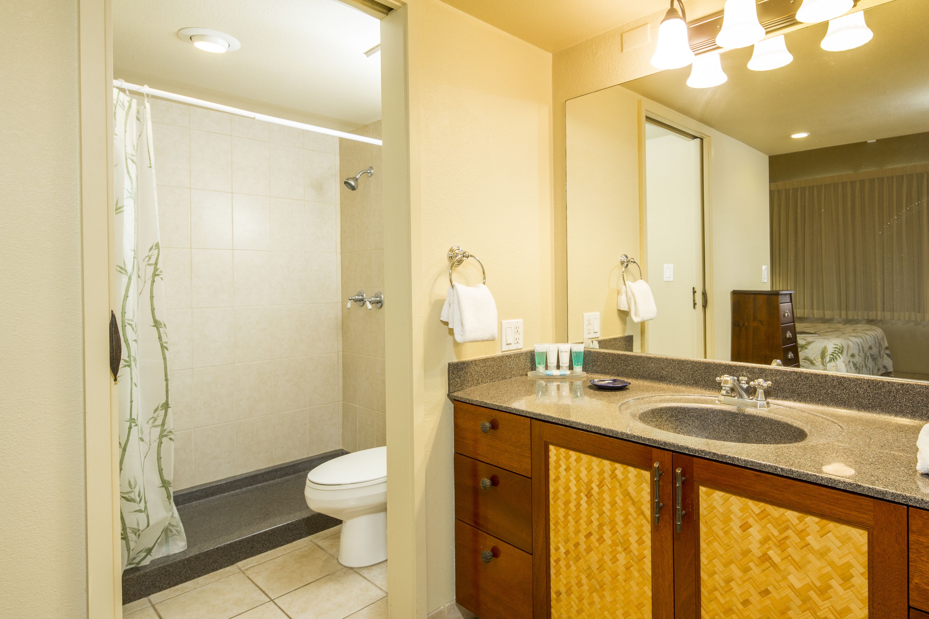 A bathroom with a shower, toilet, vanity with a sink, and a mirror.