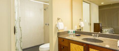 A bathroom with a shower, toilet, vanity with a sink, and a mirror.