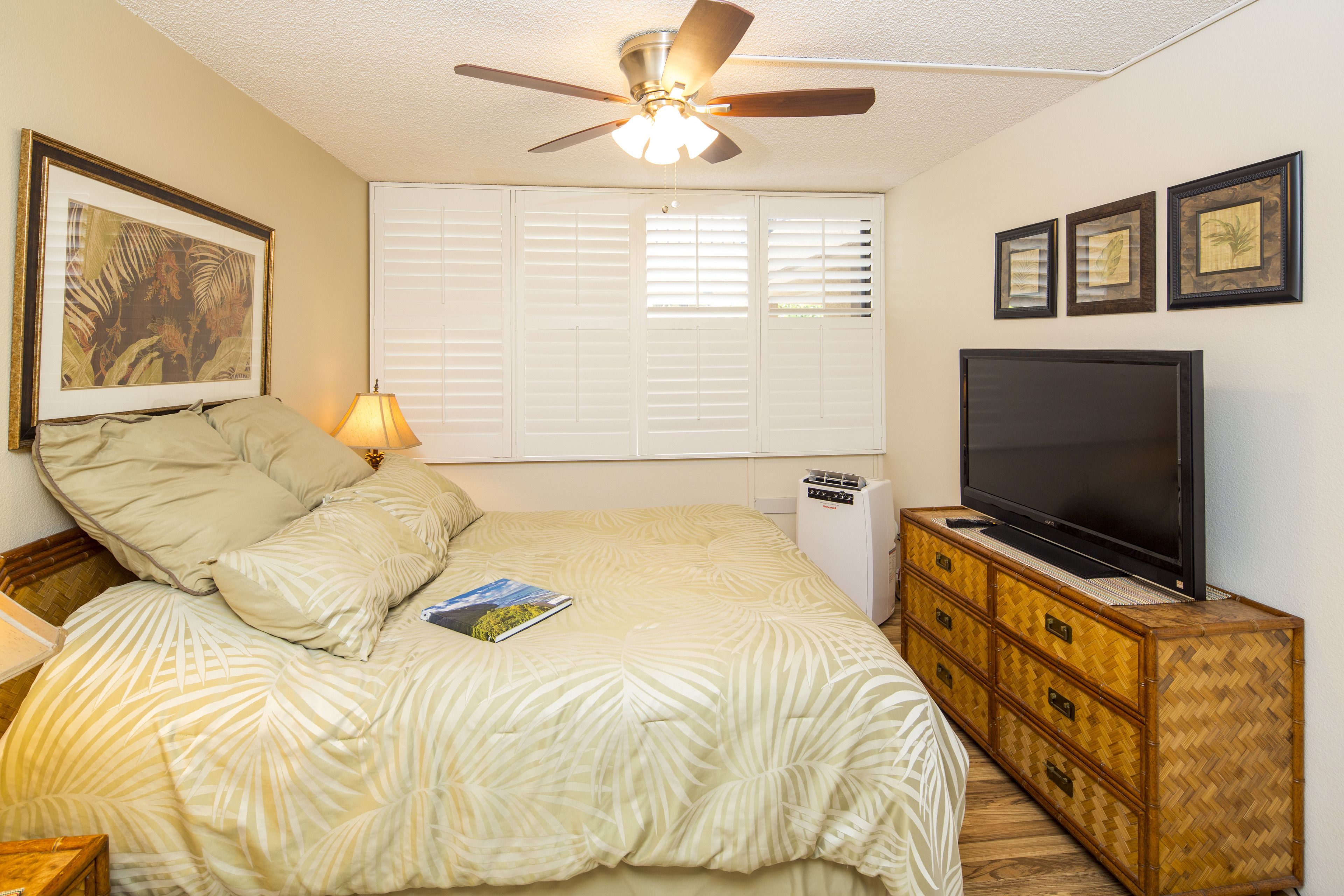 A bedroom with a bed, a ceiling fan, a television, and a window with blinds.