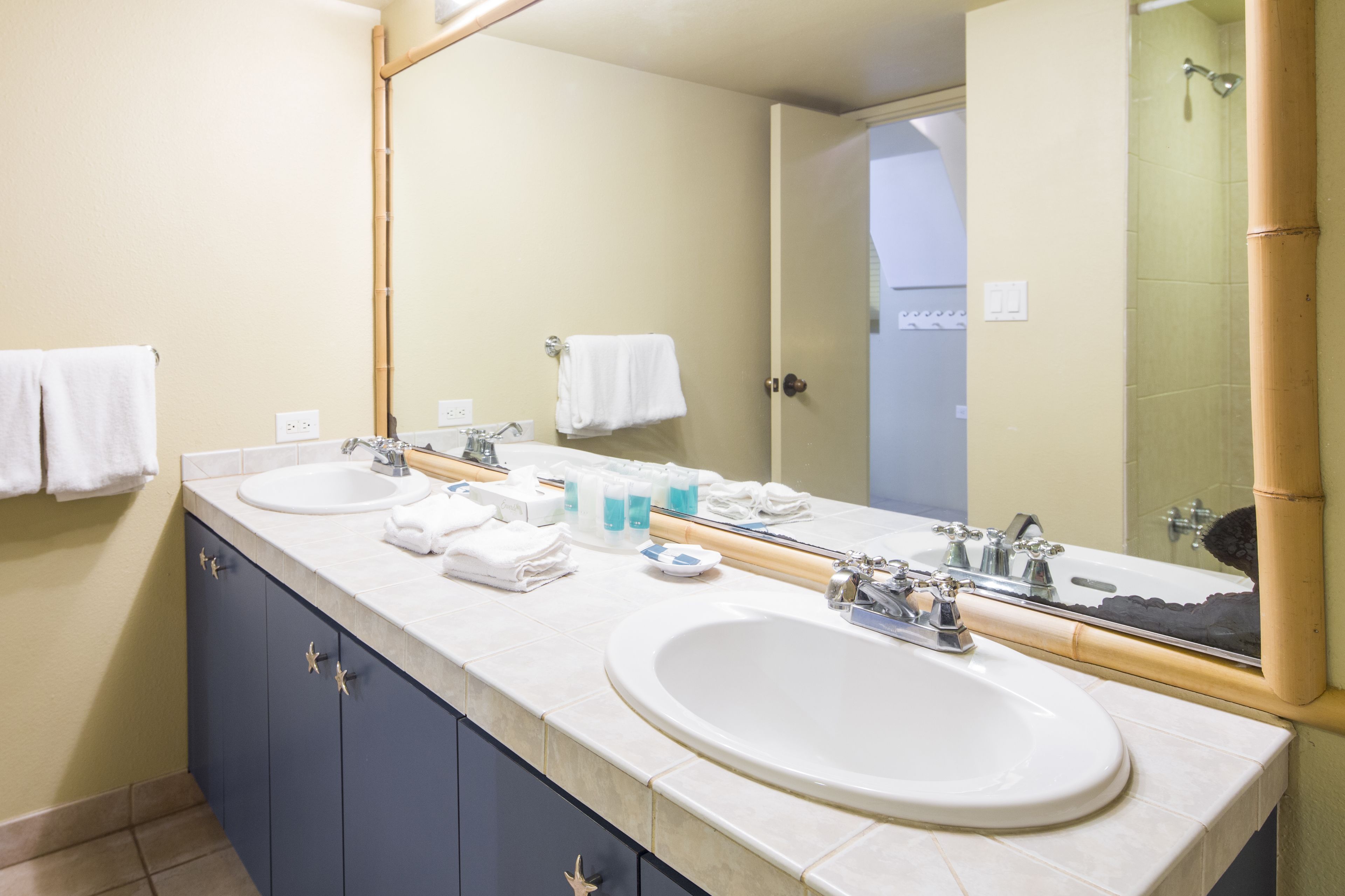 Une salle de bain avec deux lavabos, un grand miroir et un espace douche.