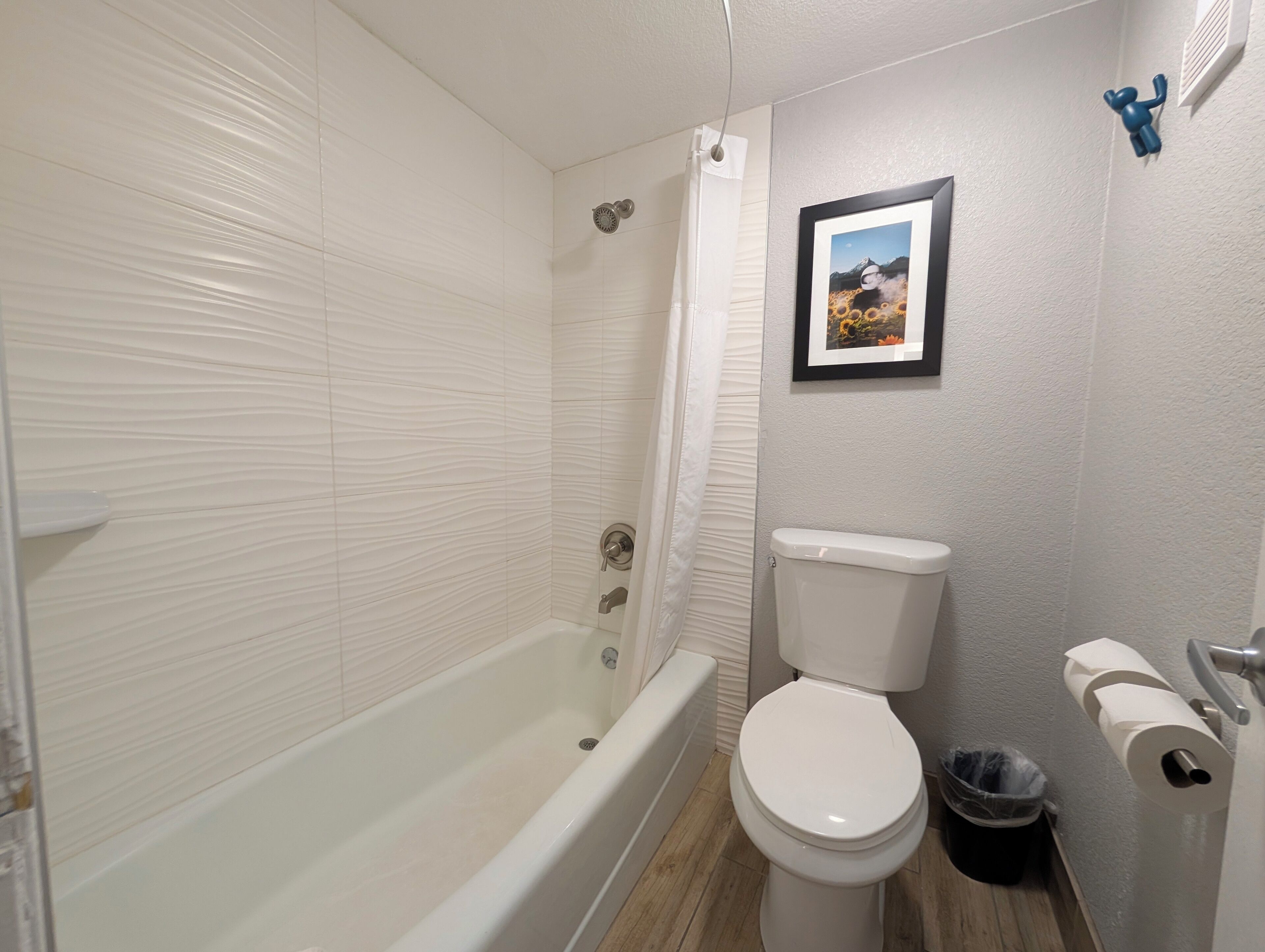 A bathroom with a bathtub, toilet, and a framed picture on the wall.