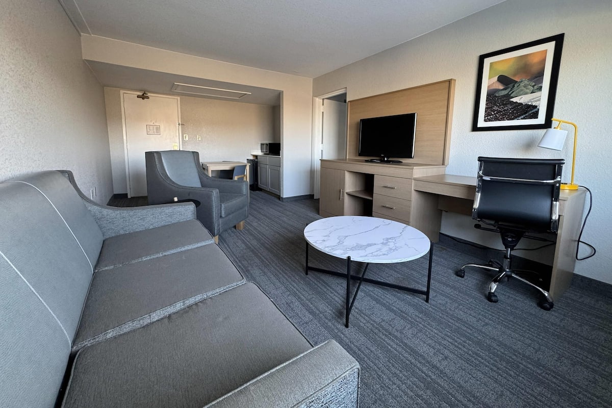 A hotel room with a grey sofa, a small round table, a desk with a computer, a TV, and a kitchen area.