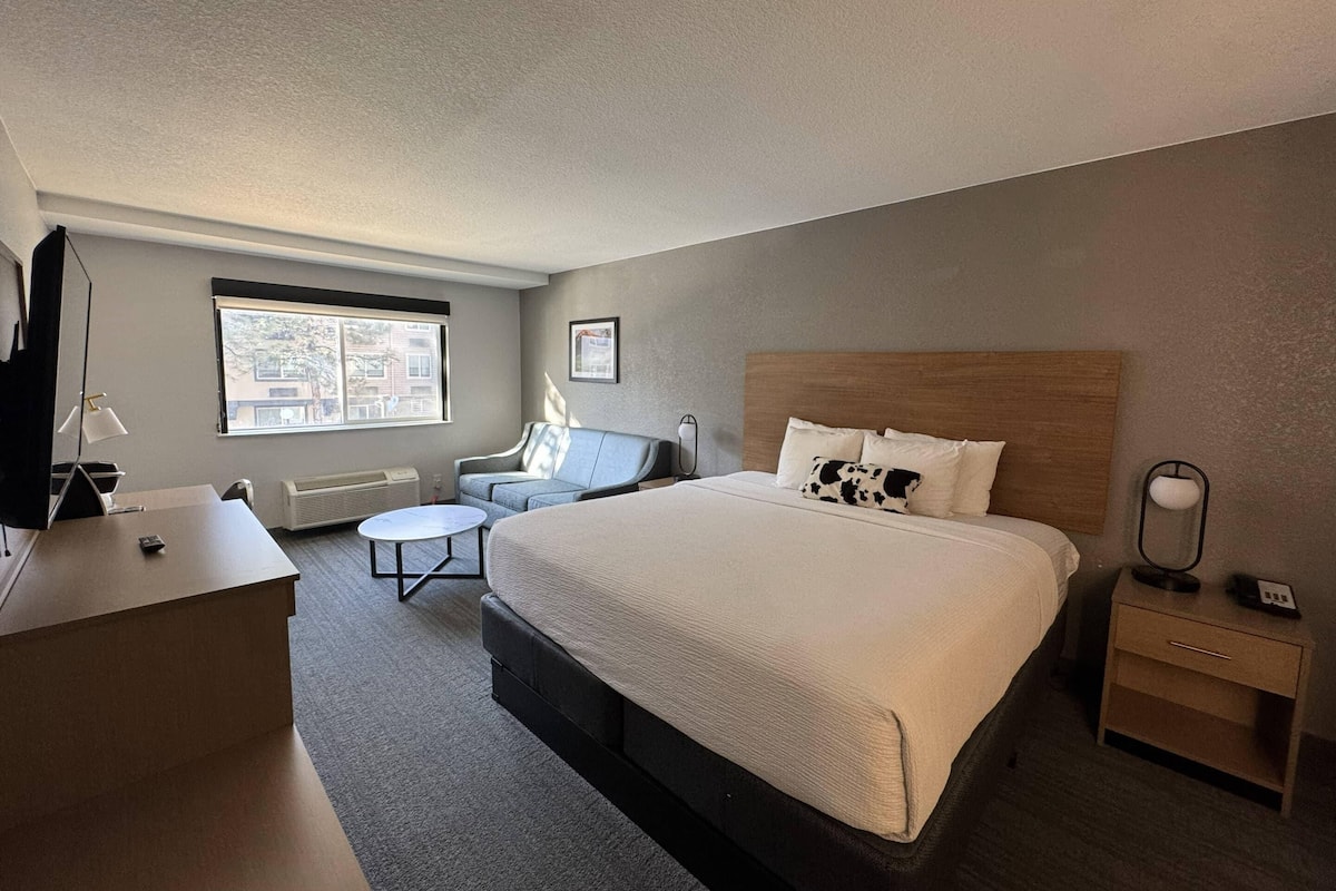 A hotel room with a bed, a desk, a chair, a small table, and a window.