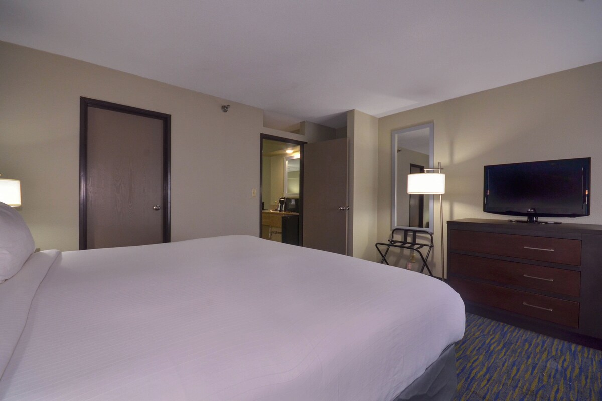 A hotel room with a large bed, a TV, a dresser, and a mirror.