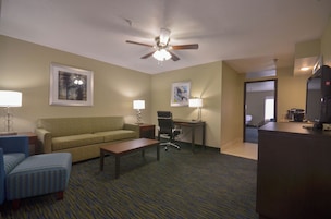 Habitación de hotel con sofá, escritorio, silla, cafetera y televisor.
