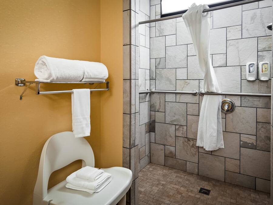 A bathroom with a shower, toilet, and towel rack.