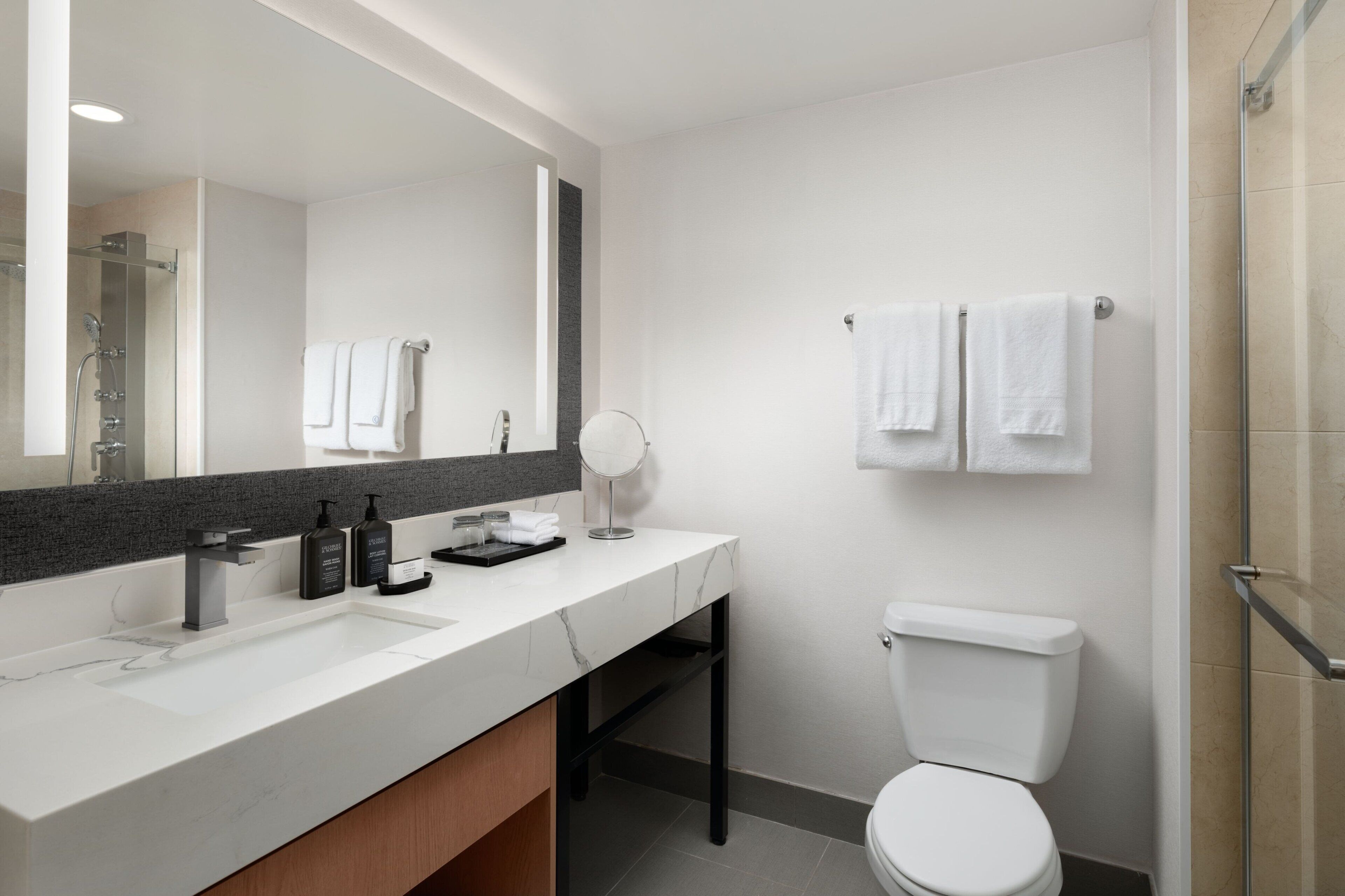 combined shower/bathtub, free toiletries, hair dryer, towels