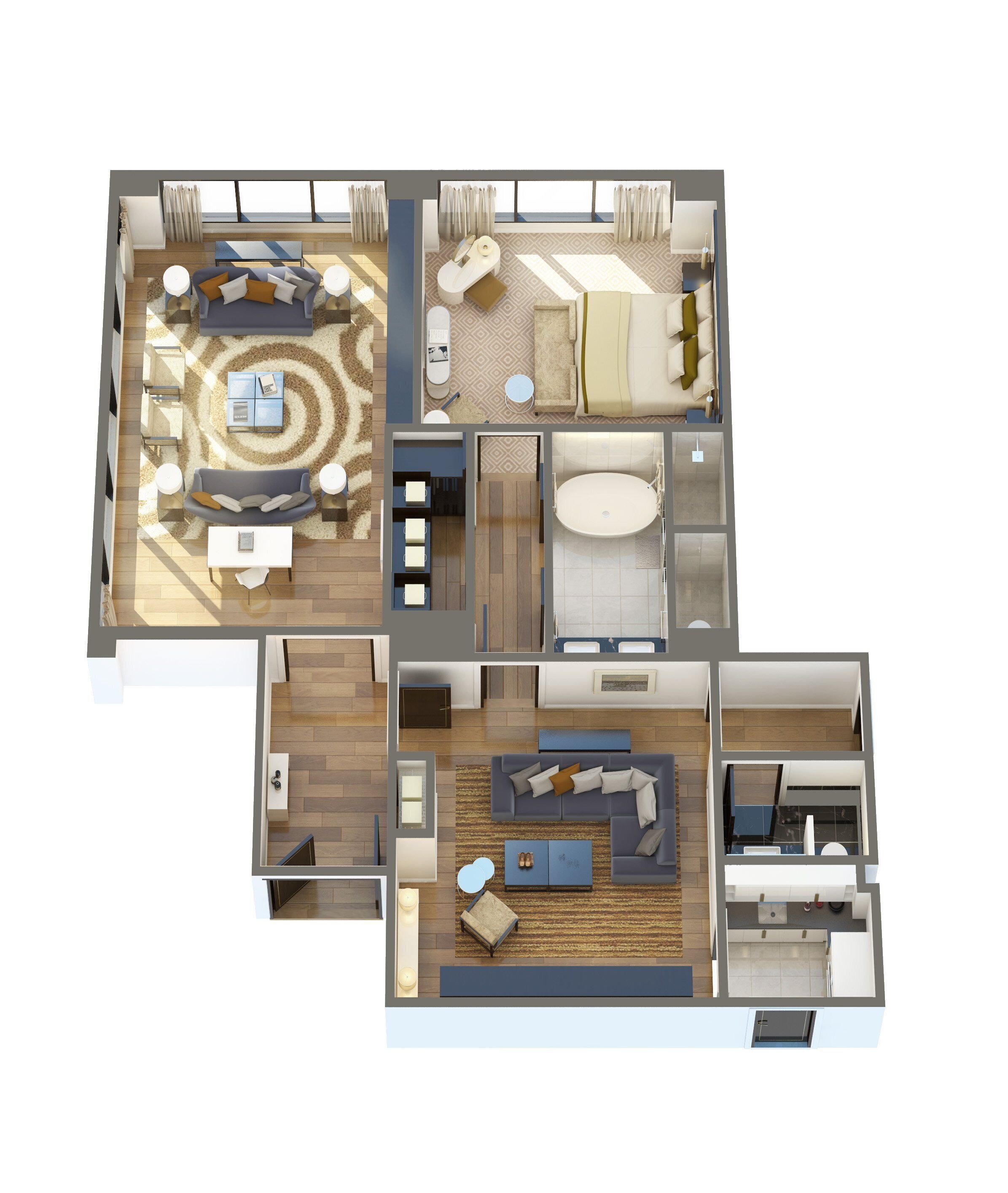 Distribución moderna de un apartamento con sala de estar, comedor, cocina y baño.