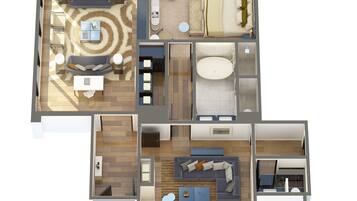 Distribución moderna de un apartamento con sala de estar, comedor, cocina y baño.