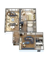 Distribución moderna de un apartamento con sala de estar, comedor, cocina y baño.