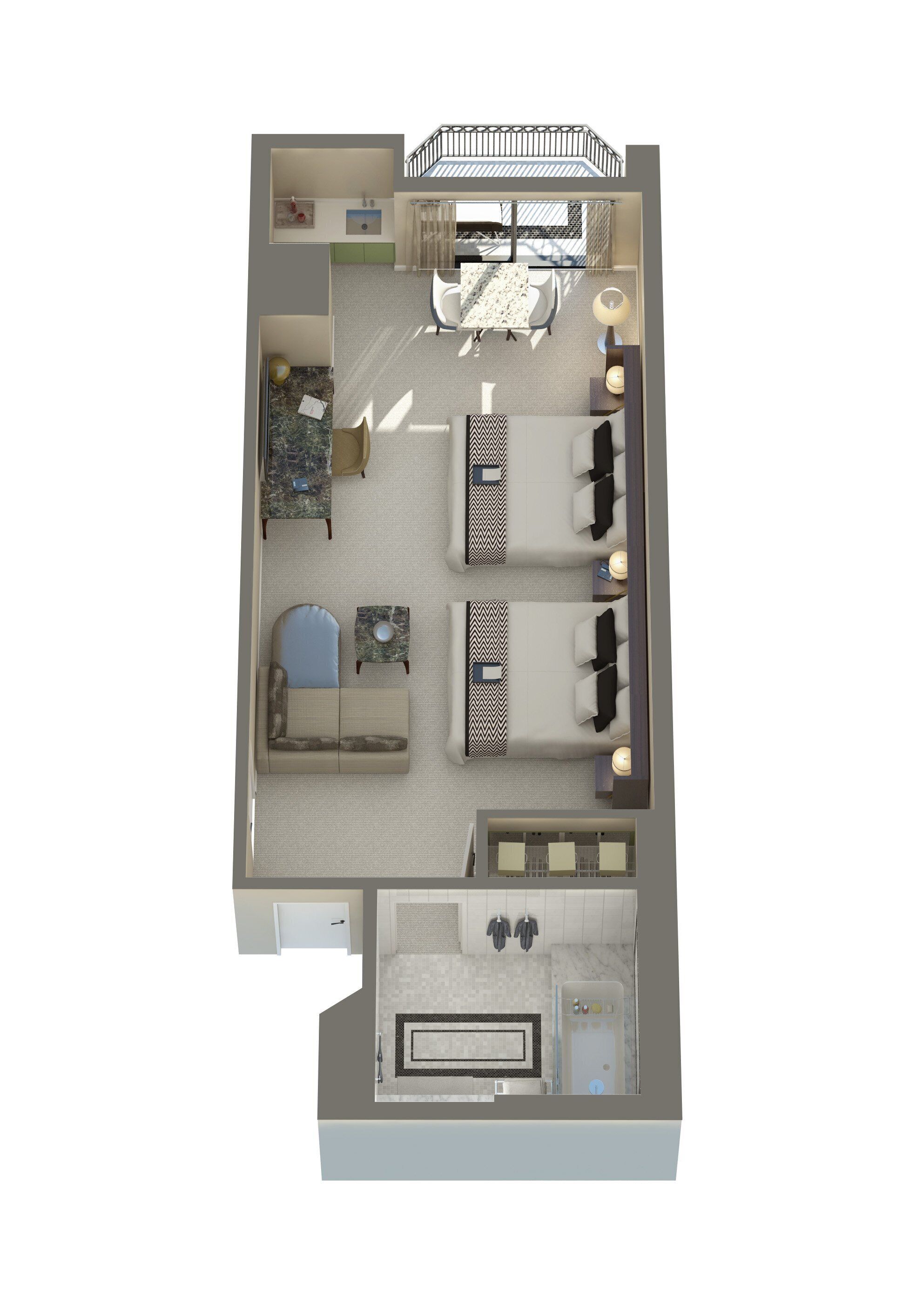 Distribución de un apartamento de dos habitaciones con balcón, cocina, sala de estar con sofá y mesa de comedor, y habitación separada con cama y escritorio.
