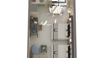Distribución de un apartamento de dos habitaciones con balcón, cocina, sala de estar con sofá y mesa de comedor, y habitación separada con cama y escritorio.