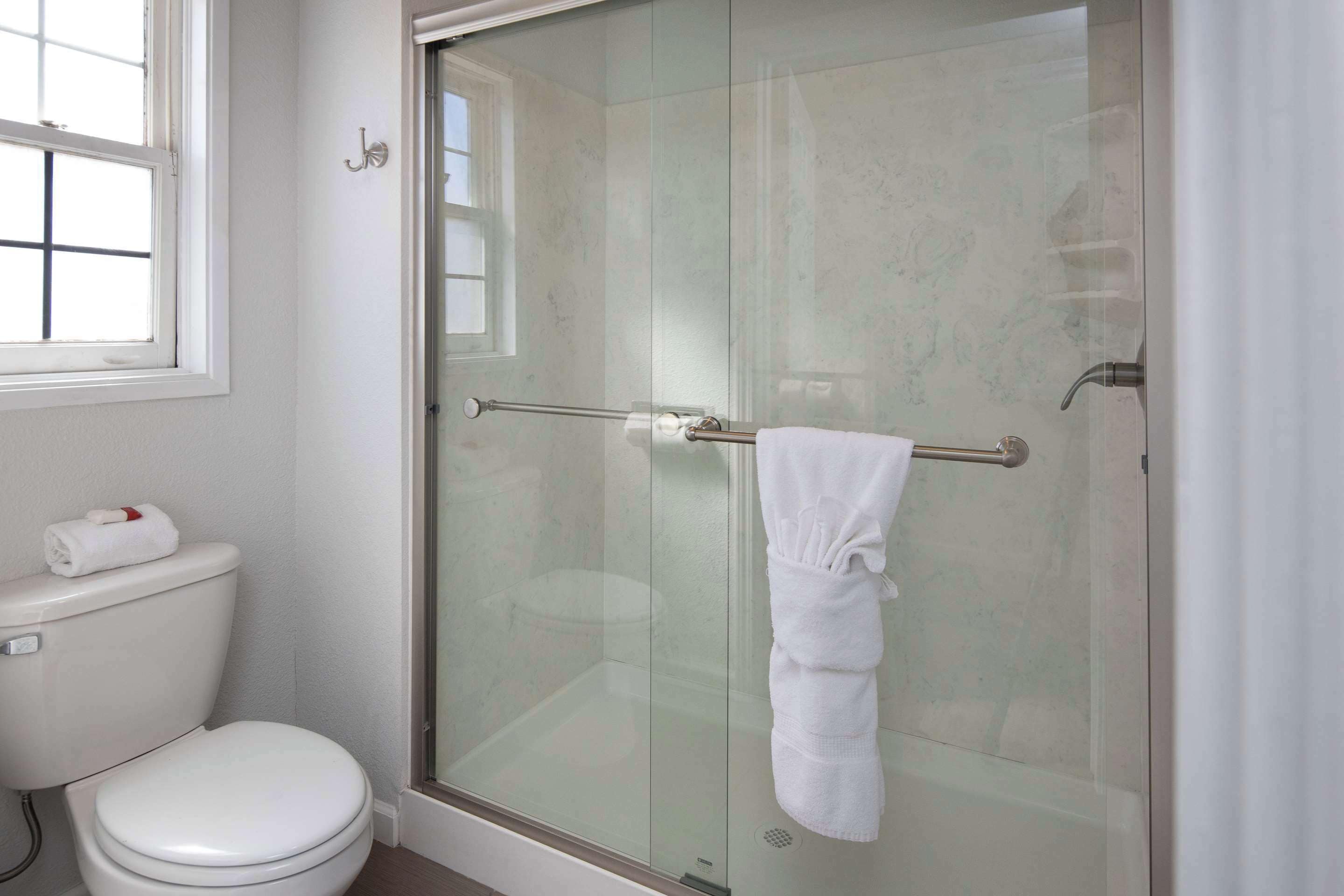 A bathroom with a glass-enclosed shower, a toilet, and a towel rack with a towel.