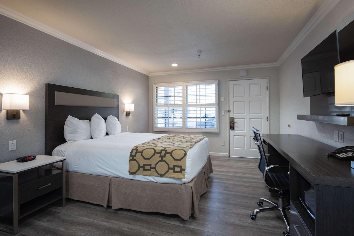 A hotel room with a bed, bedside table, desk, chair, and a large window.
