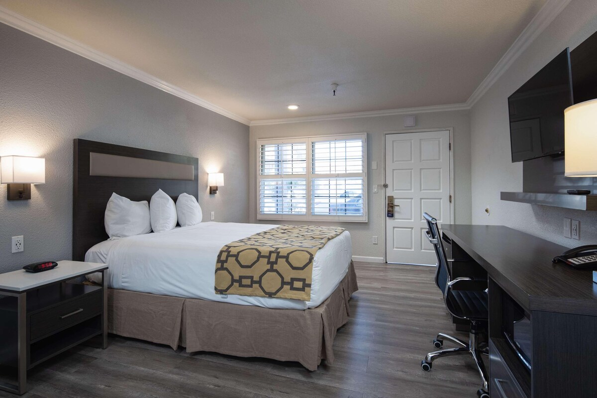 A hotel room with a bed, bedside table, desk, chair, and a TV.