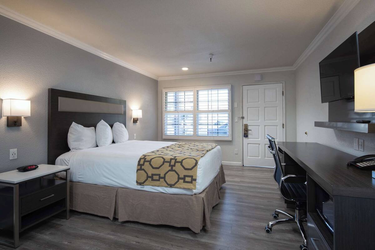 A hotel room with a bed, bedside table, desk, chair, and a TV.