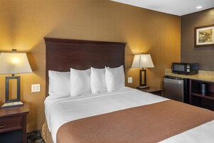 Una habitación de hotel con una cama grande, dos mesitas de noche con lámparas, un microondas y un refrigerador.