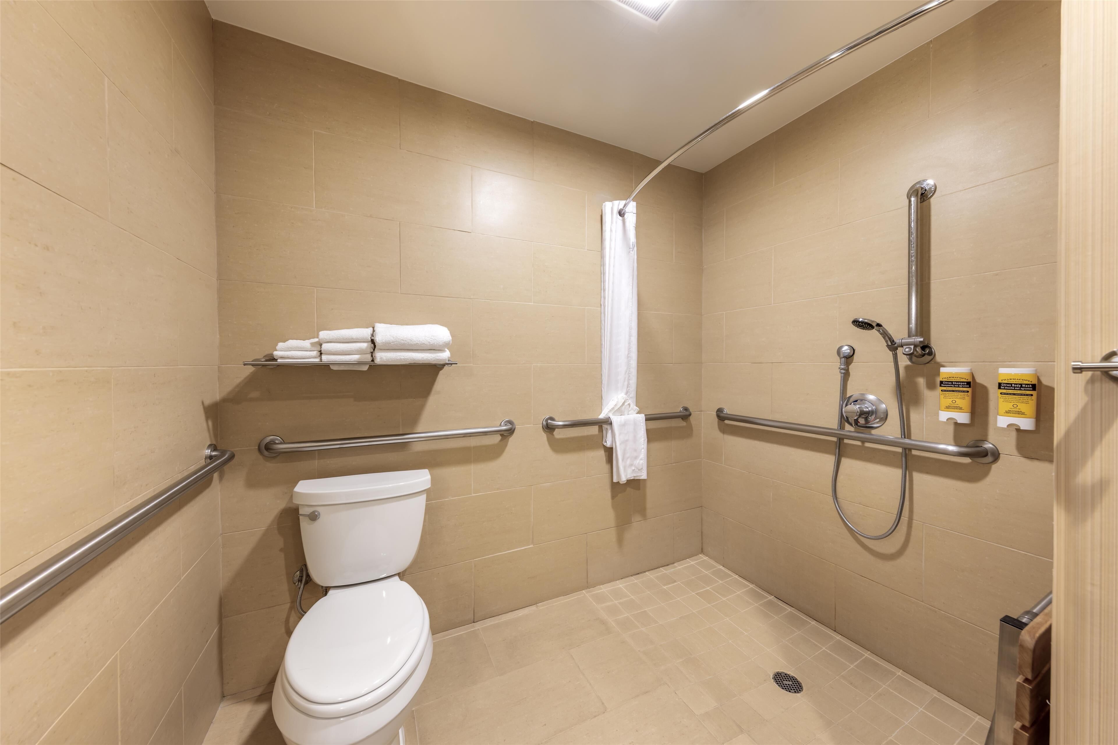 Un baño accesible para personas con movilidad reducida, con inodoro, barras de apoyo, ducha con cabezal de ducha manual y toallero.
