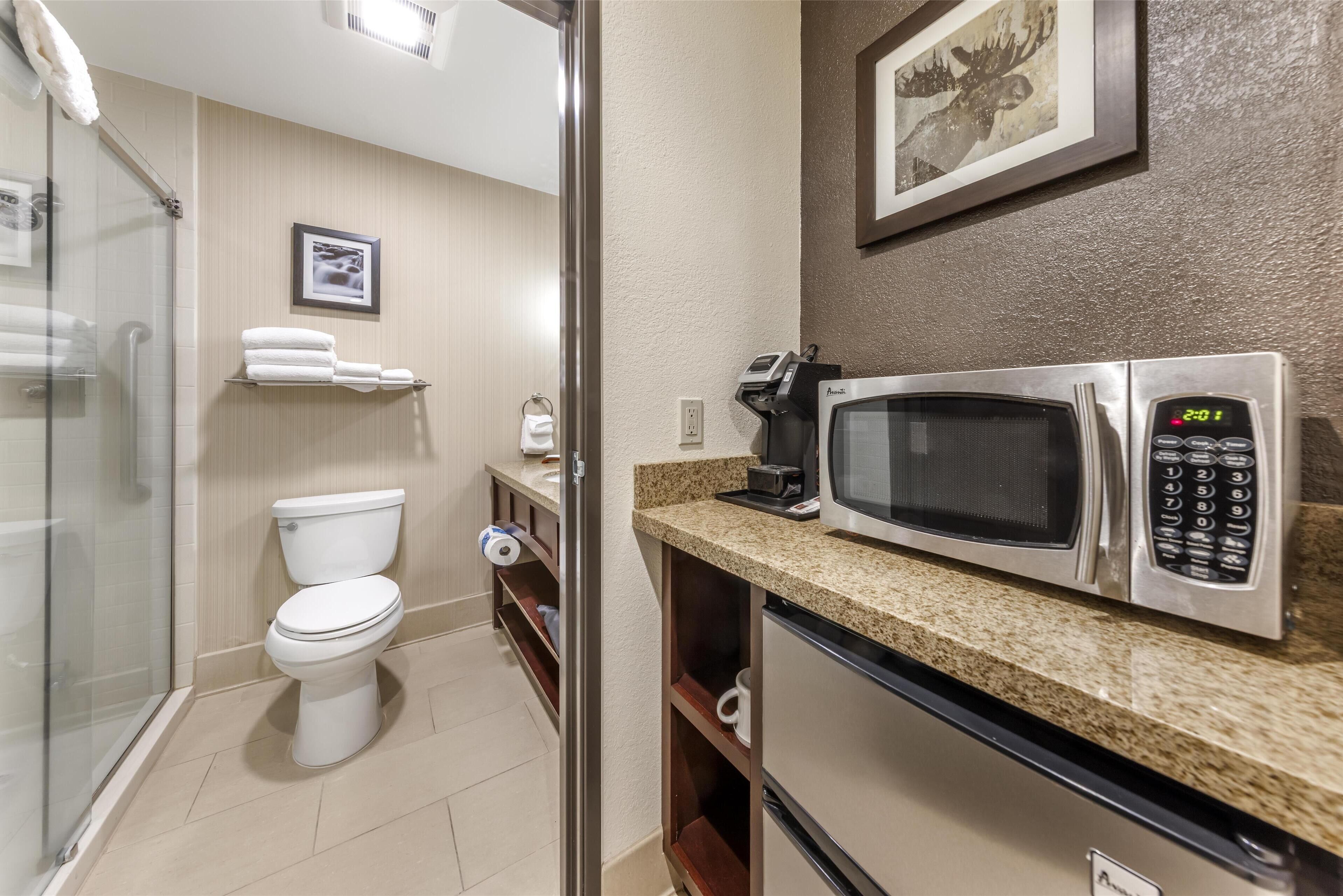 standard room, 1 king bed, non smoking, refrigerator & microwave | bathroom | free toiletries, hair dryer, towels, soap