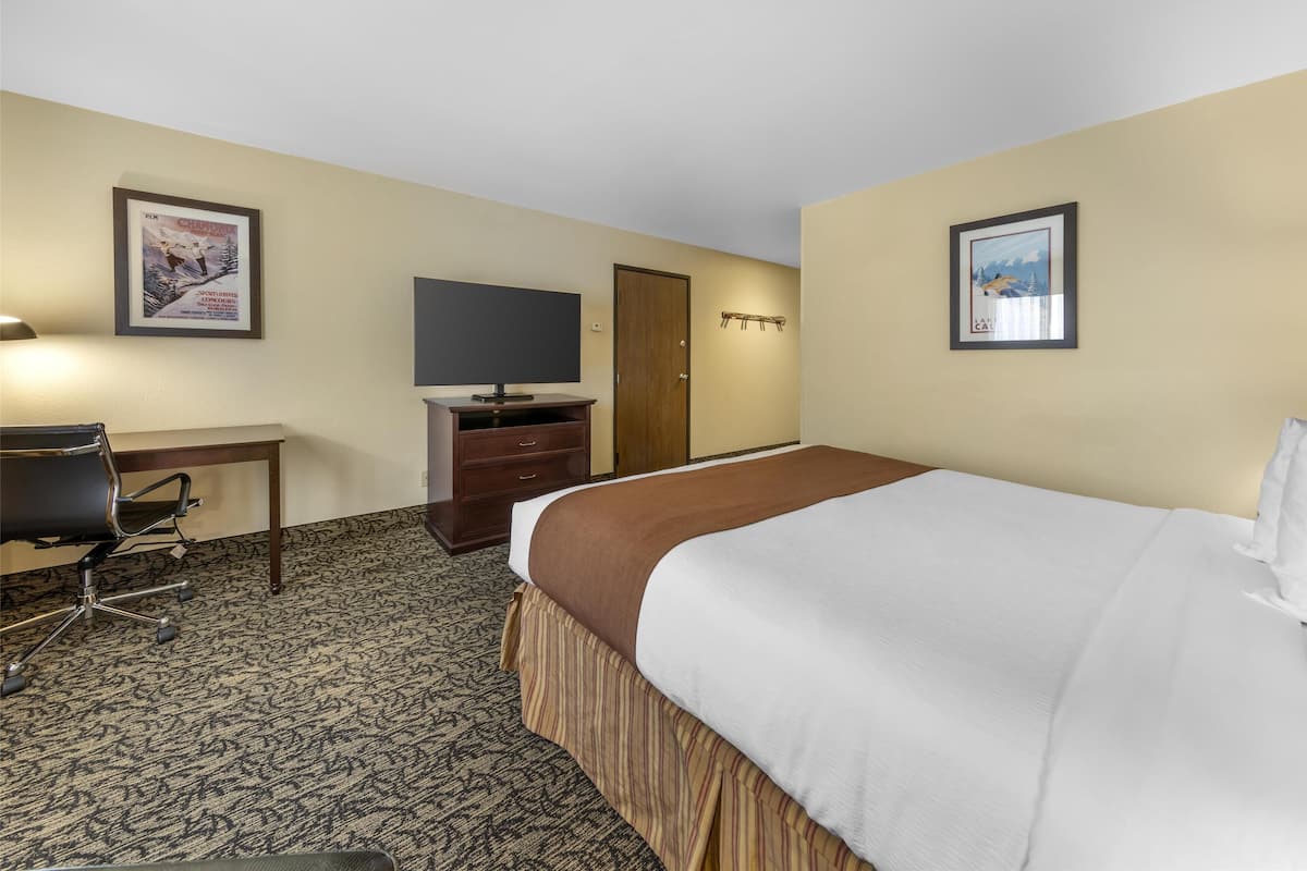Een hotelkamer met een bed, een bureau met stoel, een televisie en een kledingkast.