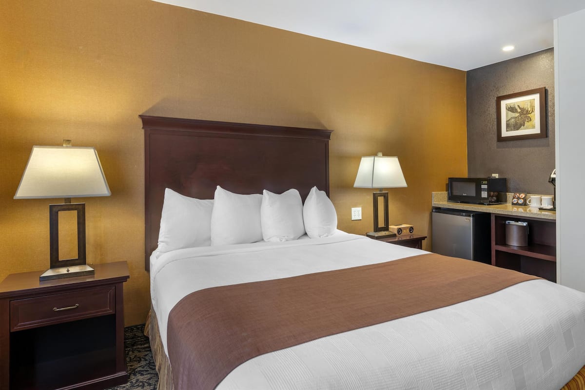 Een hotelkamer met een groot bed, twee nachtkastjes met lampen, een magnetron, een koffiezetapparaat en een ingelijst schilderij aan de muur.