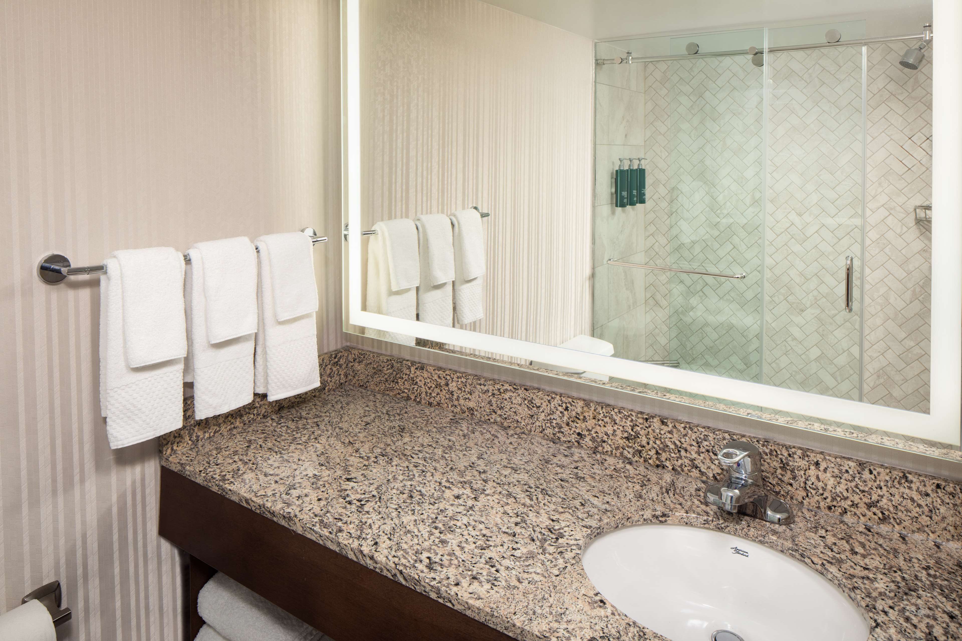 Un baño con encimera de granito, un lavabo blanco y un espejo grande.
