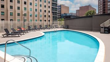 Seasonal outdoor pool, pool loungers