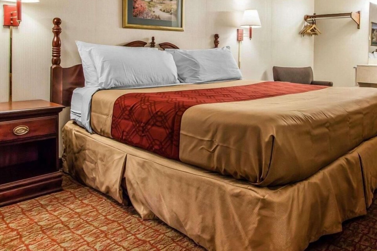 Een hotelkamer met een bed, twee nachtkastjes, een stoel, een lamp, een schilderij aan de muur en een kapstok.