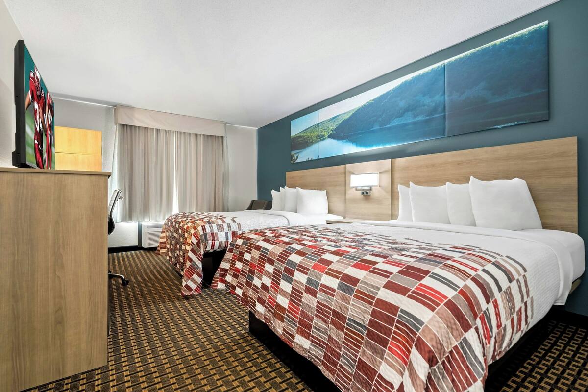 Une chambre d’hôtel avec deux lits, une grande fenêtre avec des rideaux, un téléviseur à écran plat et un tableau au mur.