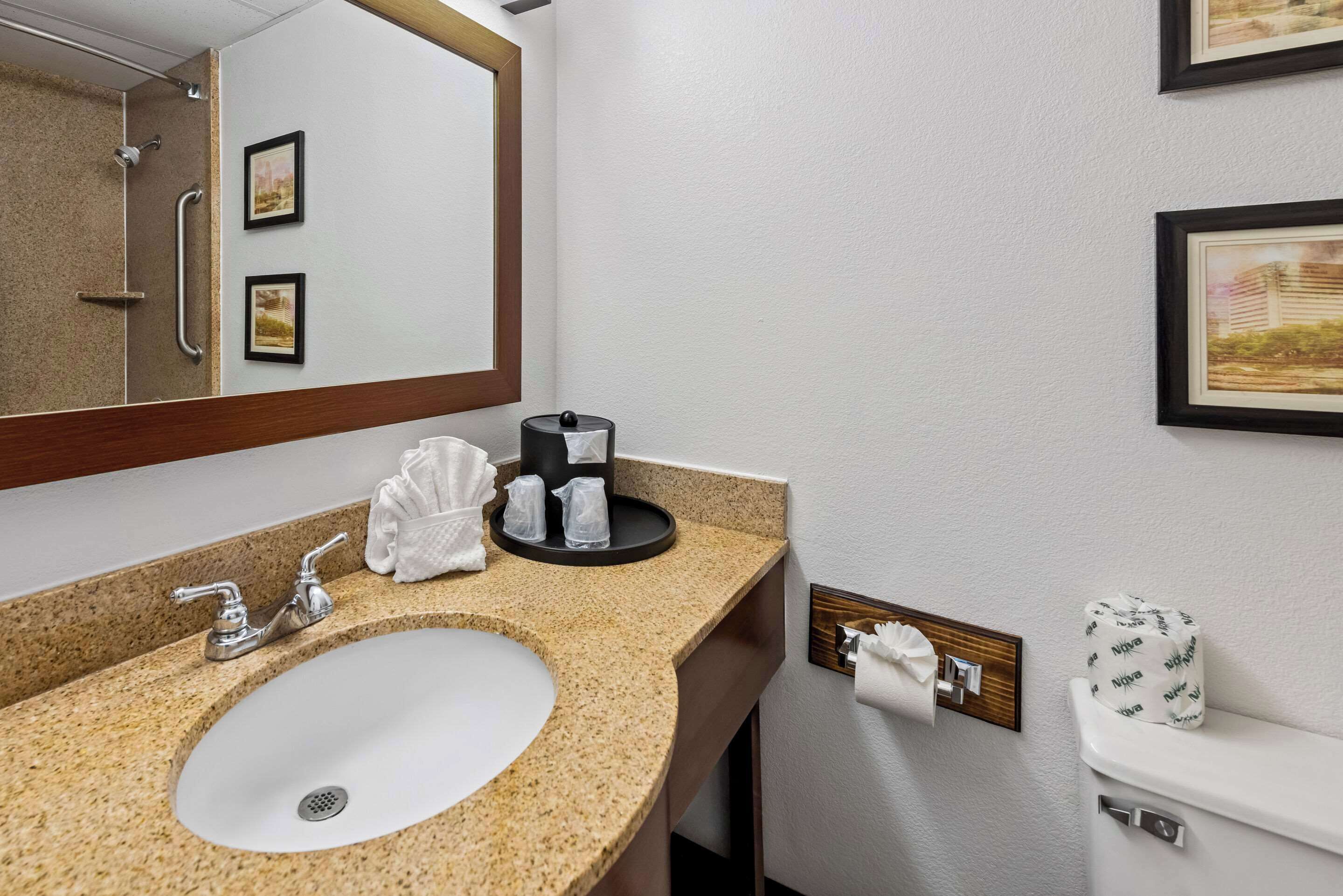 A hotel bathroom with a granite countertop sink, a mirror, two framed pictures, a toilet paper holder, and a trash can.