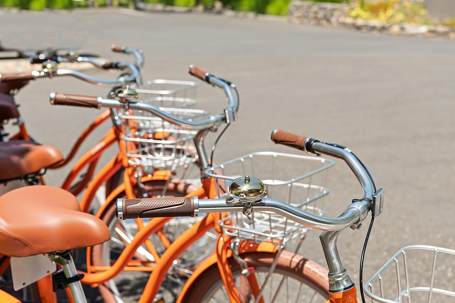 Una fila di biciclette con cestini e selle in pelle, parcheggiate su una superficie pavimentata.
