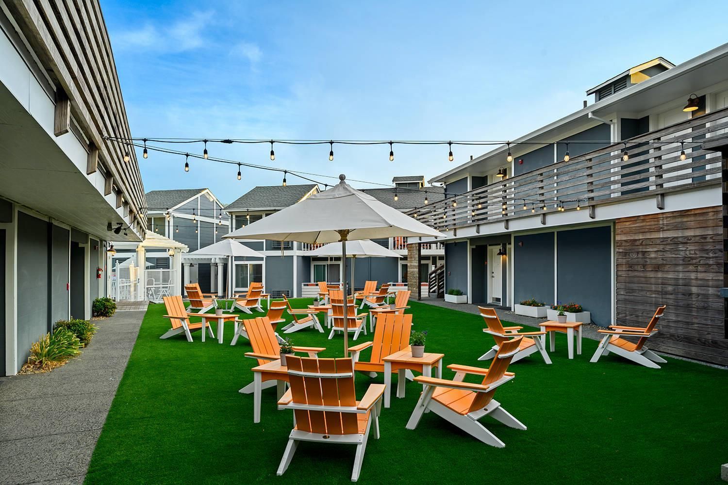 An outdoor seating area with chairs and tables, string lights, and a green lawn.