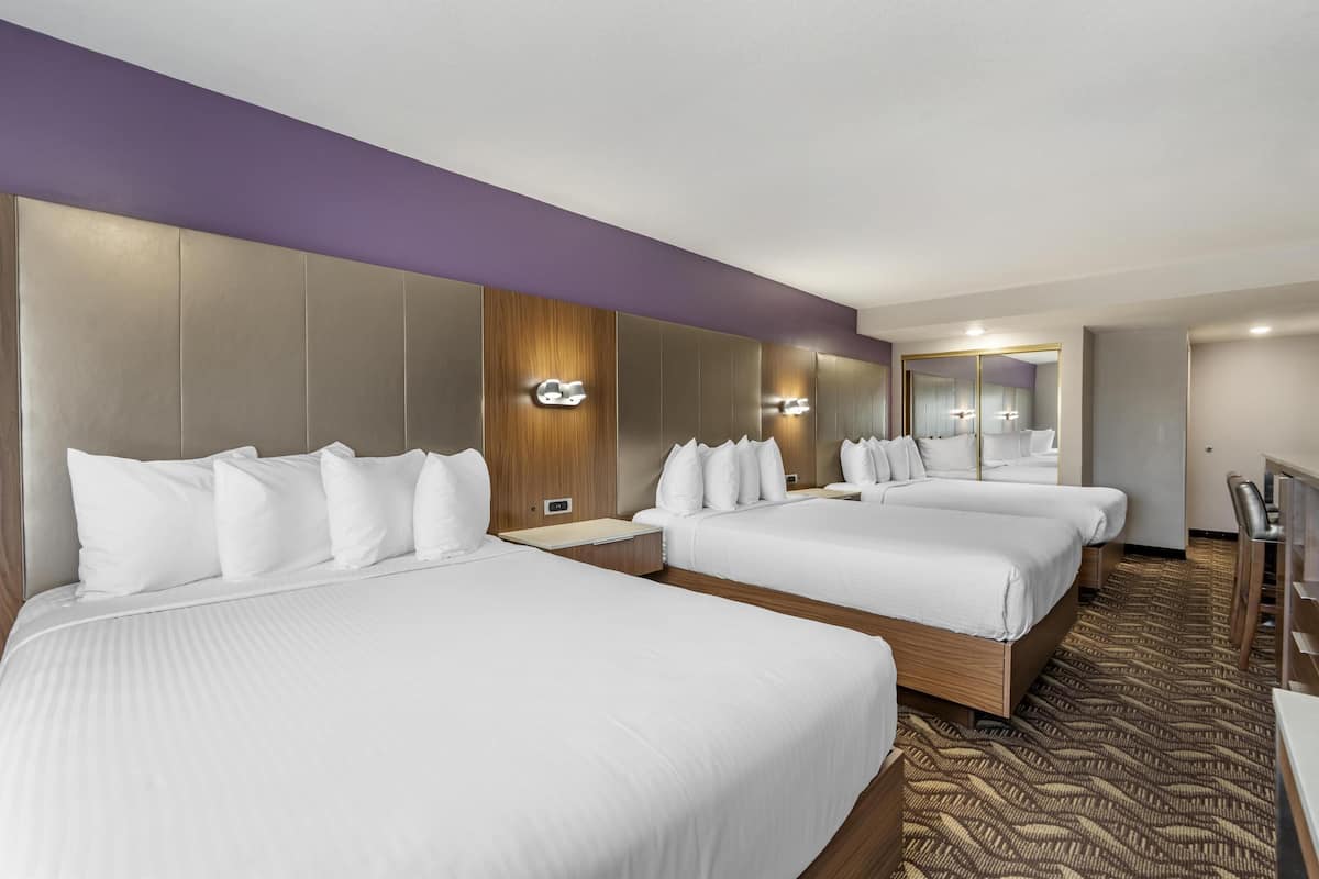 Ein Hotelzimmer mit zwei Betten, einem Holzkopfstück, einer violetten Akzentwand und einem gemusterten Teppich.