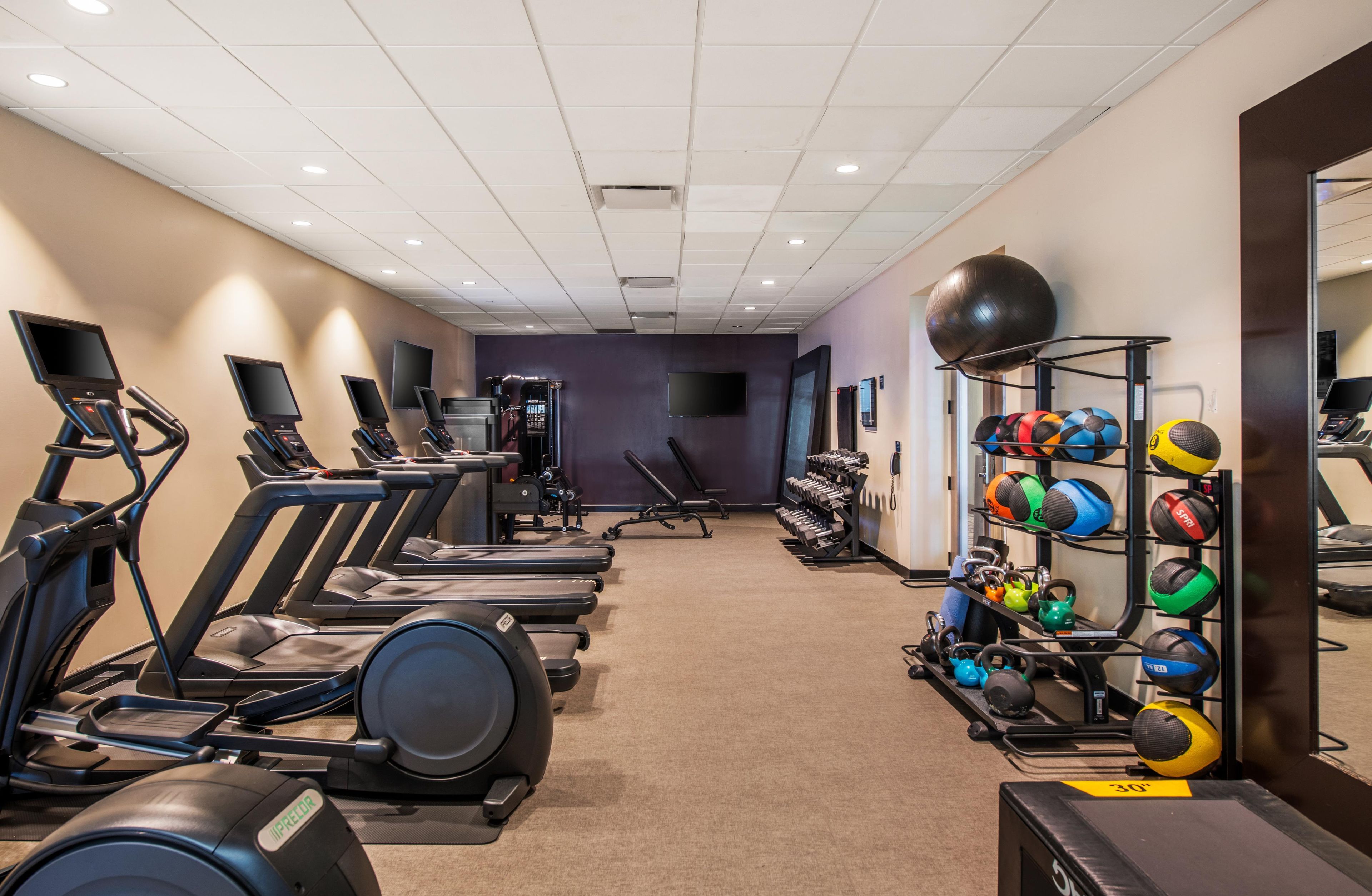 A gym with treadmills, weight machines, and a variety of exercise balls.
