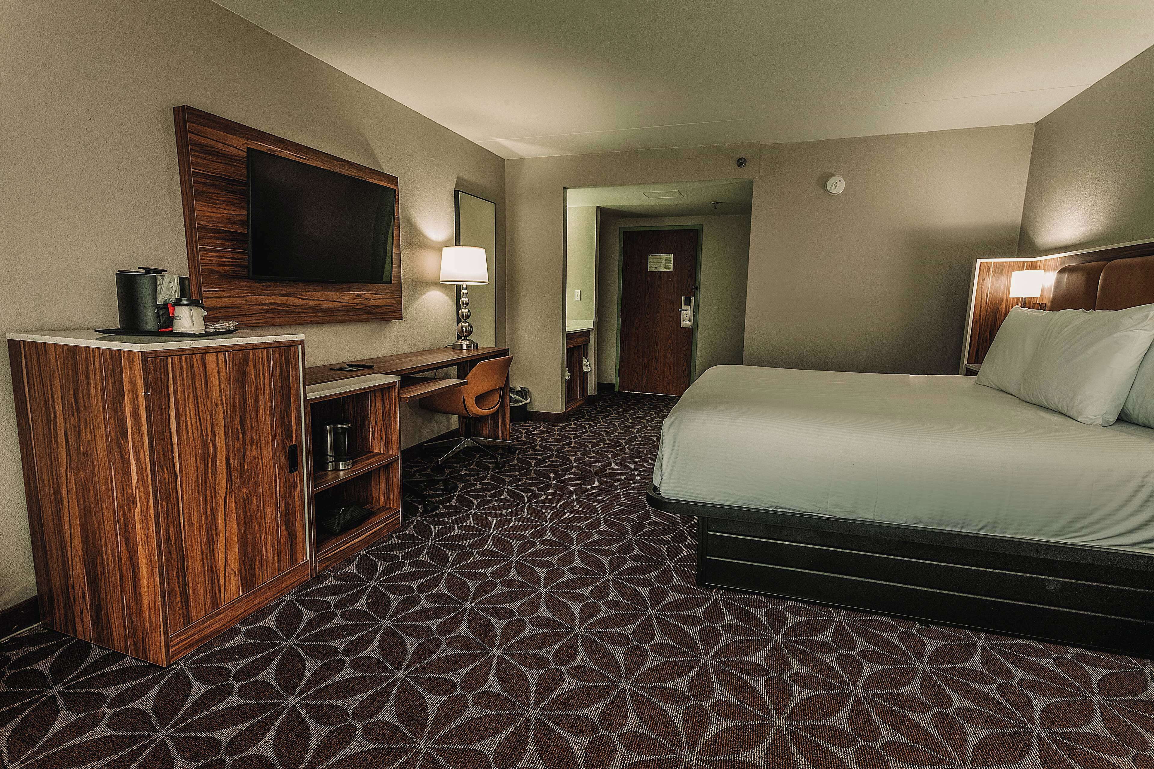 Habitación de hotel con cama, escritorio con televisor y alfombra estampada.