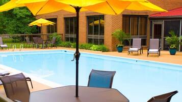 Seasonal outdoor pool, open 10:00 AM to 10:00 PM, pool loungers